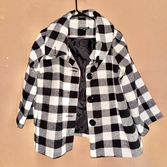 For Cynthia Women's Buffalo Plaid Button Short Pea Coat Jacket Black/White Large - Picture 1 of 9